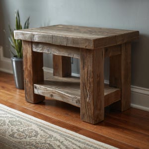 Könnte beinhalten: Ein rustikaler, rechteckiger Beistelltisch aus Holz mit einem unteren Regal. Der Tisch ist aus dicken, verwitterten Brettern gefertigt, die die natürliche Holzmaserung und Knoten zeigen. Die Farbe ist ein warmes Braun mit sichtbaren Sägespuren. Misst ca. 61 cm lang, 46 cm breit und 51 cm hoch.