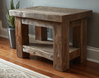 Reclaimed Wood End Table with Shelf – Handmade Distressed Weathered Side Table, Rustic Farmhouse Design