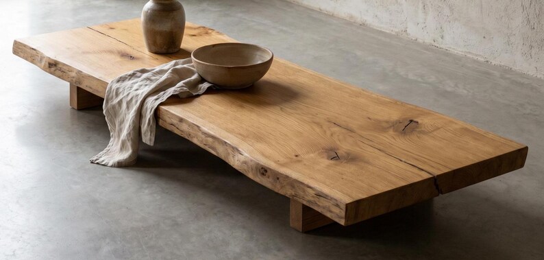 May include: A low-profile rectangular coffee table crafted from a single thick slab of light brown natural wood with a live edge. The table features a visible wood grain, knots, and two sturdy wooden block supports. A ceramic bowl and vase sit on top.