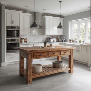 Peut inclure: Îlot de cuisine en bois rustique avec trois tiroirs et une étagère inférieure, dans une cuisine moderne et lumineuse. L'îlot est en bois brun clair avec une finition naturelle. La cuisine comprend des armoires blanches et un sol gris.