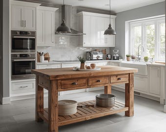Reclaimed Wood Kitchen Island – Farmhouse Kitchen Cart with 3 Drawers – 2-Tier Storage Prep Table