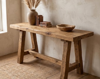 Rustic Pine Console Table with Trestle Base, Handmade Reclaimed Wood Farmhouse Entryway Table