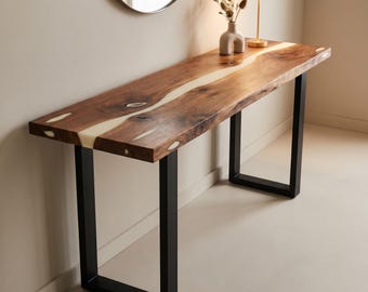 Walnut Epoxy Console Table, Handmade Resin River Entryway Table with Black Metal U-Shaped Legs