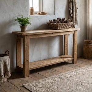 Könnte beinhalten: Ein rechteckiger Holzkonsolentisch mit unterer Ablage, der eine natürliche hellbraune Holzmaserung aufweist. Auf der Tischoberfläche stehen ein grüner Farn im Topf und ein geflochtener Weidenkorb, der mit braunen Tannenzapfen gefüllt ist.