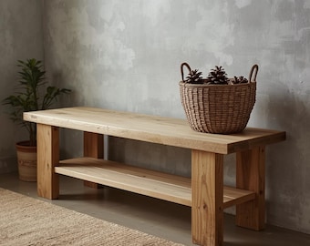 Reclaimed Wood Bench with Bottom Shelf – Minimal Farmhouse Entryway & Dining Bench