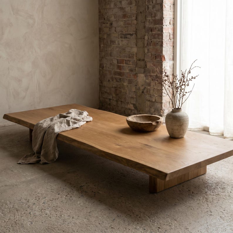 May include: A low-profile rectangular wooden coffee table with a natural live edge, featuring a light brown wood grain finish. A beige linen cloth is draped on the left side, while a wooden bowl and a ceramic vase with branches sit on the right.