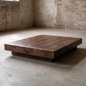 Op de afbeelding: Een laag platformbedframe geconstrueerd van donkerbruin gebeitste houten planken. De rechthoekige structuur heeft een zichtbare houtnerftextuur en een verzonken basis, wat een vlak, verhoogd oppervlak creëert voor een matras.