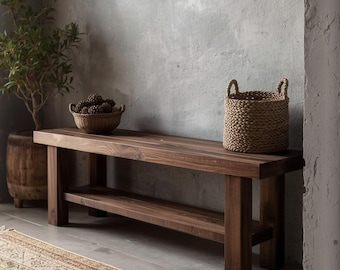 Solid Walnut Bench with Bottom Shelf – Handmade Modern Rustic Entryway & Dining Bench