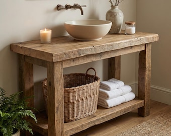 Meuble-lavabo en pin recyclé - Meuble-lavabo rustique Farmhouse avec étagère inférieure