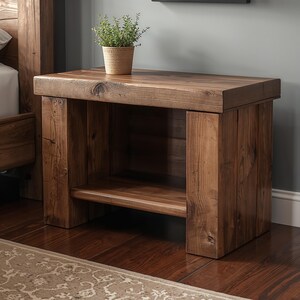 Può includere: Un comodino rustico in legno marrone scuro con un ripiano inferiore e un piano spesso. Il legno presenta venature e nodi visibili. Una piccola pianta in vaso è posta sopra. Progettato per una camera da letto.