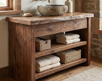 Rustikaler Kiefer-Badezimmerschrank mit offenen Regalen, handgefertigter Holzbehälter-Schrank, Bauernhaus-Holzstil