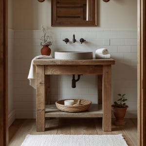 Könnte beinhalten: Rustikaler Badezimmerwaschtisch aus Holz mit einem Waschbecken aus Beton. Der Waschtisch hat ein unteres Regal mit einem geflochtenen Korb und einer kleinen Topfpflanze. Ein weißes Handtuch und eine Terrakotta-Vase mit Trockenblumen befinden sich auf der Arbeitsplatte. Der Wasserhahn ist schwarz.