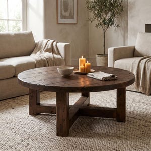 May include: A round, dark brown wooden coffee table with a planked surface and a sturdy cross-base support. The table features a visible wood grain texture and is positioned on a textured rug, holding a small bowl, three lit candles, and a folded cloth.