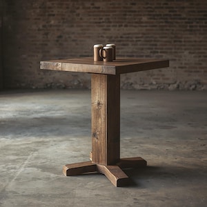 May include: A square, rustic wooden table with a single central support and a four-legged base. The table is made of weathered wood, with visible grain and knots. Three brown mugs sit on the tabletop. The table is in an industrial-style space.