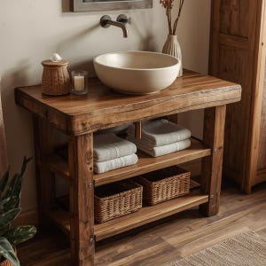 May include: A rustic wooden bathroom vanity with a vessel sink. The vanity has open shelving with folded towels and woven baskets. A candle and tissue holder sit on the countertop. The faucet is dark metal.