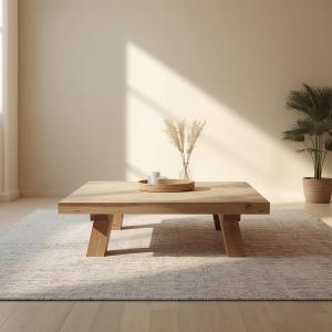 Peut inclure: Une table basse en bois clair avec un plateau carré et des pieds inclinés. Un plateau tressé avec des tasses blanches et un vase en verre avec des plantes séchées est posé sur la table. La table est sur un tapis clair.