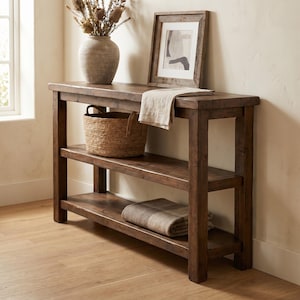 May include: A rectangular dark brown wooden console table with two lower shelves. The top surface holds a beige ceramic vase with dried botanicals, a framed abstract print, and a folded light beige linen cloth. A woven basket sits on the middle shelf.