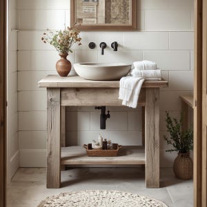 Puede incluir: Un tocador de madera rústica con lavabo de piedra, grifo negro y espejo. Toallas blancas apiladas en la encimera. Una cesta tejida contiene artículos de aseo. Un jarrón con flores secas y una alfombra tejida completan la decoración del baño.