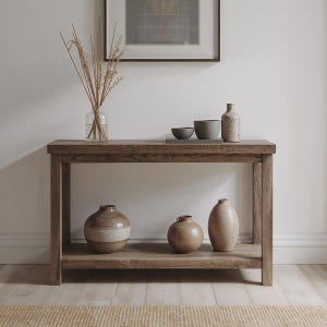Op de afbeelding: Een rechthoekige houten sidetable met een onderste plank. Op het blad staan een doorzichtige glazen vaas met gedroogde stengels, twee kleine grijze kommen en een gespikkelde keramische fles. De onderste plank toont drie ronde keramische vazen.