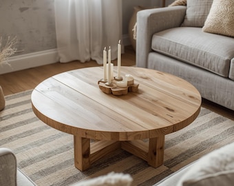 Rustic Round Wood Coffee Table – Farmhouse Style Living Room Furniture