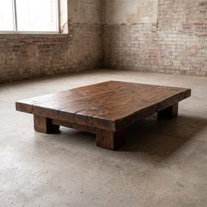 Peut inclure: Une table basse rectangulaire basse construite à partir d'épaisses planches de bois teintées en brun foncé. La table présente une texture rustique et patinée avec des grains et des nœuds visibles, soutenue par quatre pieds en bois massifs.