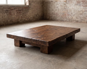 May include: A low-profile rectangular coffee table constructed from thick, dark brown stained wooden planks. The table features a rustic, weathered texture with visible wood grain and knots, supported by four sturdy, block-style wooden legs.