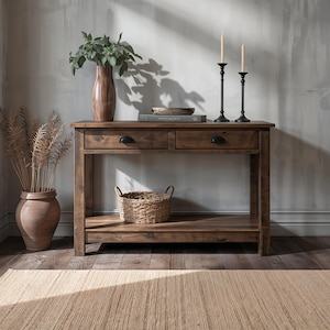 Op de afbeelding: Een rechthoekige houten sidetable met twee lades voorzien van zwarte halfronde handgrepen en een onderste plank. De tafel is gemaakt van donkerbruin hout met een zichtbare houtnerf en staat op vier rechte poten voor een stevige basis.