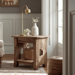 Sidobord i återvunnet trä med hylla – Handgjort rustikt, väderbitet sidobord, lantlig och minimalistisk design