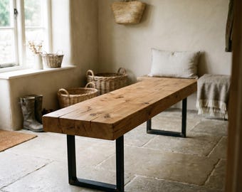 Rustic Wooden Bench, Reclaimed Pine Entryway Bench with Black Metal Legs, Farmhouse Mudroom Bench, Handmade Hallway Seating