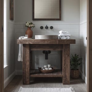 Könnte beinhalten: Ein rustikaler Badezimmer-Waschtisch aus Holz mit einem Steinwaschbecken und dunkler Holzlasur. Der Waschtisch hat ein unteres Regal mit einem geflochtenen Korb mit kleinen weißen Seifen. Eine Terrakotta-Vase mit weißen Blumen steht auf der Arbeitsplatte, zusammen mit einem Stapel weißer Handtücher. Der Waschtisch ist 120 cm breit.