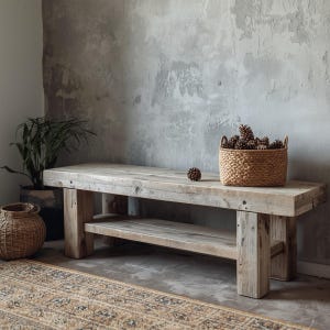 Könnte beinhalten: Eine rustikale Holzbank mit einem unteren Regal. Auf der Bank steht ein geflochtener Korb mit Tannenzapfen. Ein kleiner Tannenzapfen und ein geflochtener Korb stehen auf dem Boden. Die Bank steht vor einer strukturierten grauen Wand.