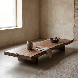 Könnte beinhalten: Ein flacher, rechteckiger Couchtisch aus einer einzigen Platte aus dunkelbraunem Holz mit natürlicher Baumkante. Der Tisch hat eine glatte Oberfläche mit sichtbarer Holzmaserung, eine kleine Keramikvase, eine dunkle Schale und ein gefaltetes beiges Tuch.