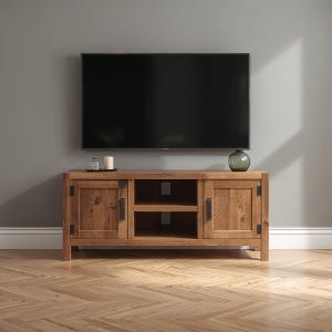 Reclaimed Wood TV Console – Rustic Farmhouse Media Unit with Barn-Style Doors & Center Shelves
