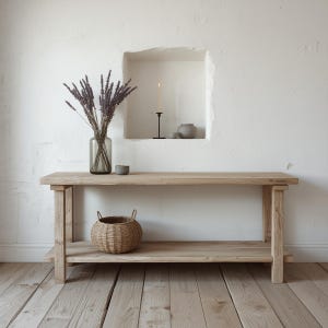 May include: A light-colored wooden console table with a lower shelf and four sturdy legs. A woven basket sits on the lower shelf. A vase of dried lavender, a small candle, and a decorative pot are on the table. The table is 60 inches long.