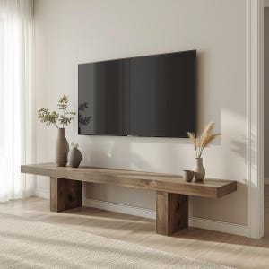 May include: A modern, rustic-style TV stand made of light brown wood. The stand features a long, rectangular top supported by two vertical wooden supports. Decorative vases and plants sit on the stand, below a large, black flat-screen TV.