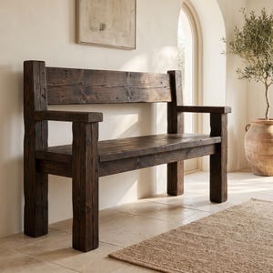 Reclaimed Wood Bench with Backrest, Rustic Wooden Bench with Arms, Farmhouse Entryway Bench, Solid Pine Dining Bench, Wabi Sabi Furniture