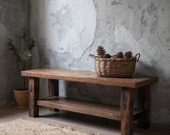 Reclaimed Wood Bench – Rustic Modern Handmade Bench with Shelf