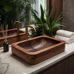 Pode incluir: Uma pia retangular de madeira escura com interior curvo, apresentando um padrão natural de grão de madeira. A pia é combinada com uma torneira dourada e colocada em uma bancada de mármore. Um difusor preto e toalhas brancas também são visíveis.