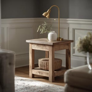 May include: A rustic, square wooden side table with a lower shelf and a woven basket. A gold-toned desk lamp and a white vase with greenery sit on top. The table is made of light-colored wood.