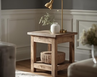 Reclaimed Pine End Table with Shelf – Handmade Weathered Side Table, Rustic Farmhouse Square Design