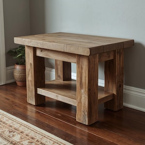 Può includere: Un tavolino laterale rettangolare in legno rustico con un ripiano inferiore. Il tavolo è costruito con spesse assi non rifinite, che mostrano la venatura naturale del legno e i nodi. Il tavolo misura circa 76 cm di lunghezza, 46 cm di larghezza e 61 cm di altezza.