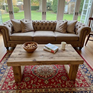 May include: A living room with a brown, button-backed sofa and cushions. A wooden coffee table displays a wooden bowl, books, and a white mug. A patterned red rug lies beneath the table. Large windows offer a view of the garden.