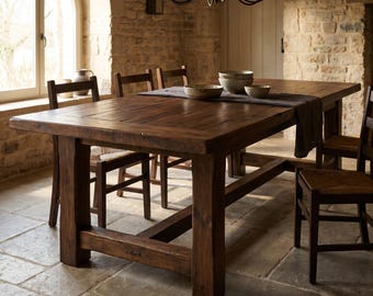 Eettafel in boerderijstijl, rustieke massief houten tafel met dikke poten, keukentafel van gerecycled grenenhout