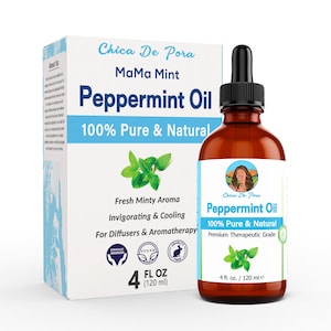 May include: A brown glass bottle of Peppermint Oil with a black dropper next to a white box. The box and bottle label read "Peppermint Oil 100% Pure & Natural". The bottle contains 4 fl oz (120 ml).