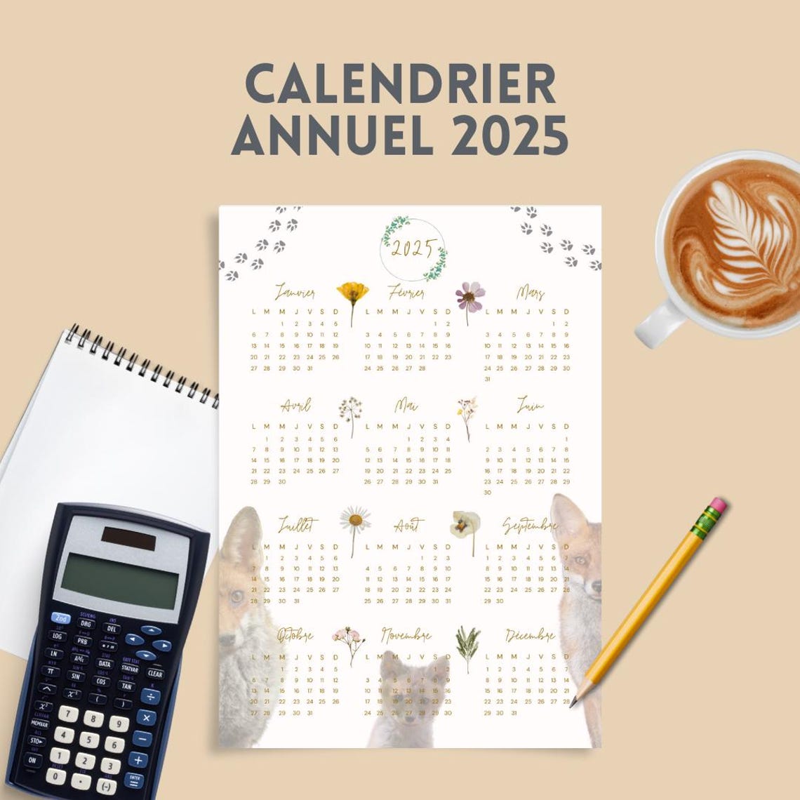 A4 A3 Annual Digital Calendar 2025 With Fox and Floral Nature Photo
