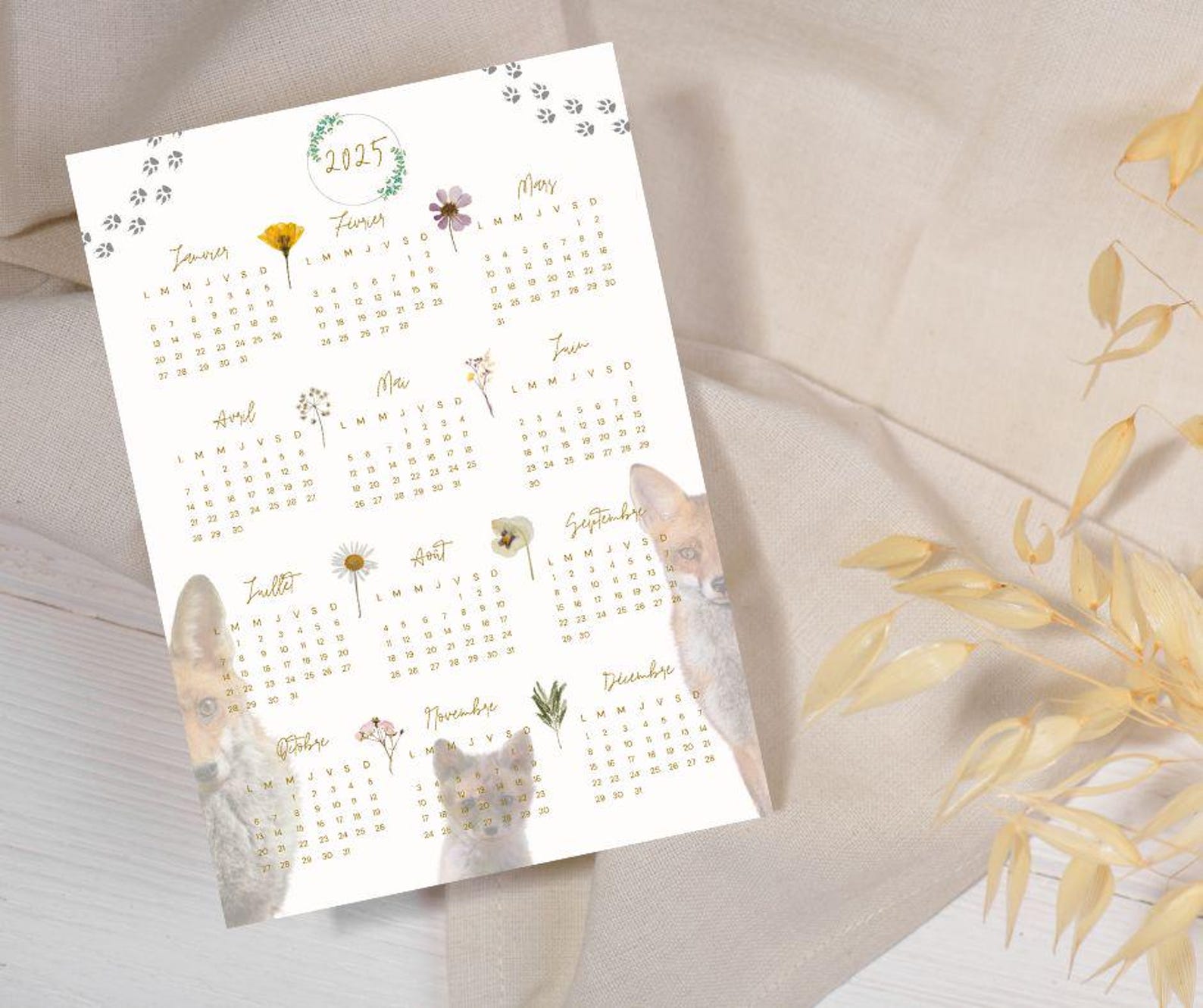 A4 A3 Annual Digital Calendar 2025 With Fox and Floral Nature Photo