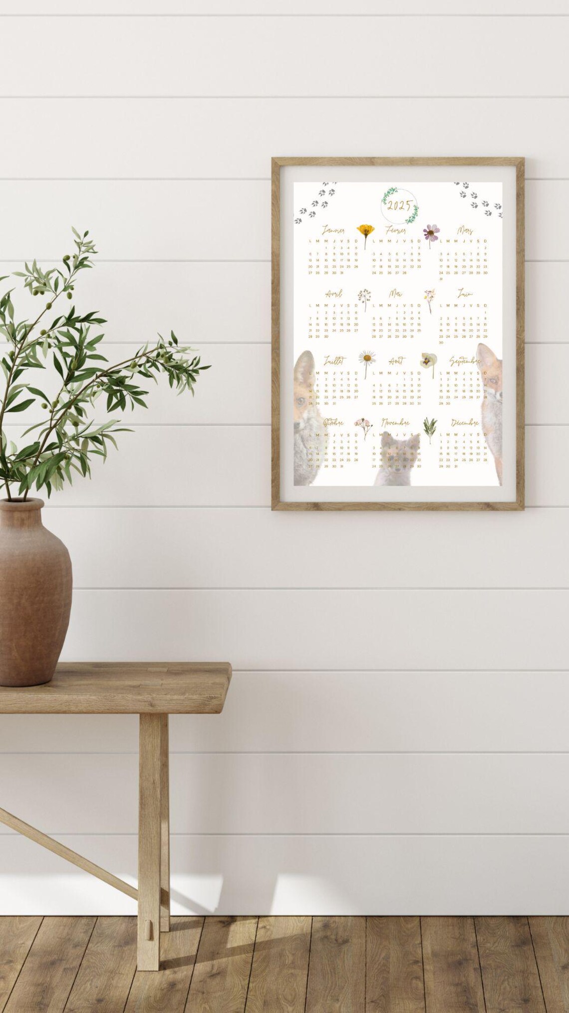 A4 A3 Annual Digital Calendar 2025 With Fox and Floral Nature Photo