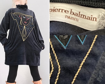 Pierre Balmain Paris Vintage 1980s Black Velvet Batwing Mini Dress with Appliqué Sequin Face uk 10-12