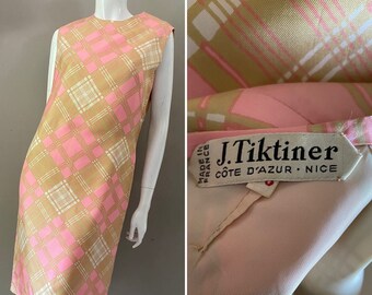 Rare 1960s J. Tiktiner - Cote D’Azure Silk Shift Mini Dress Pink Gold Check Print Resort Holiday Riviera Chic size 36 / uk 10