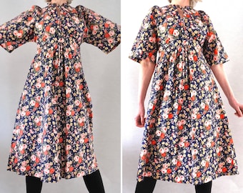 Vintage 1970s Vibrant Rose Floral cotton kimono sleeves mid length dress by Susie G size uk10